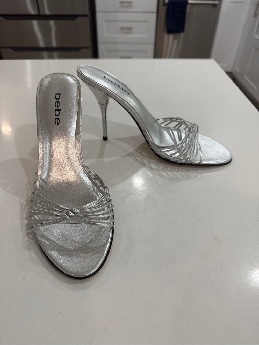 bebe Silver Strappy Knot Stiletto Slide Heels